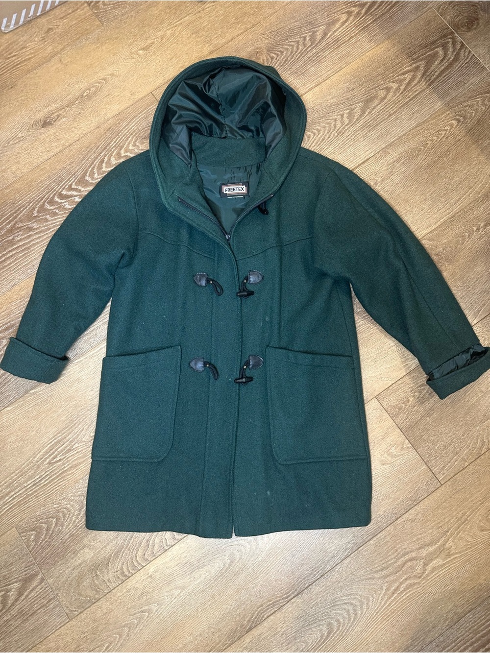 Vintage Wool blend Hooded Duffle/Toggle Coat in Forest Green 23.5”Ptp